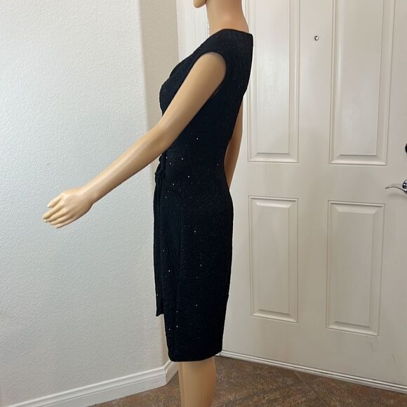 Alfani Size 6 Dress Black Silver Diamond Sparkle V Neck Sleeveless Ruched Midi - Picture 6 of 11